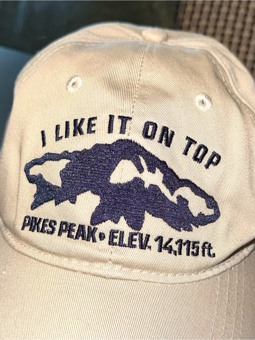 Pikes Peak Beige Baseball Cap with “ I Like It On Top” Graphic